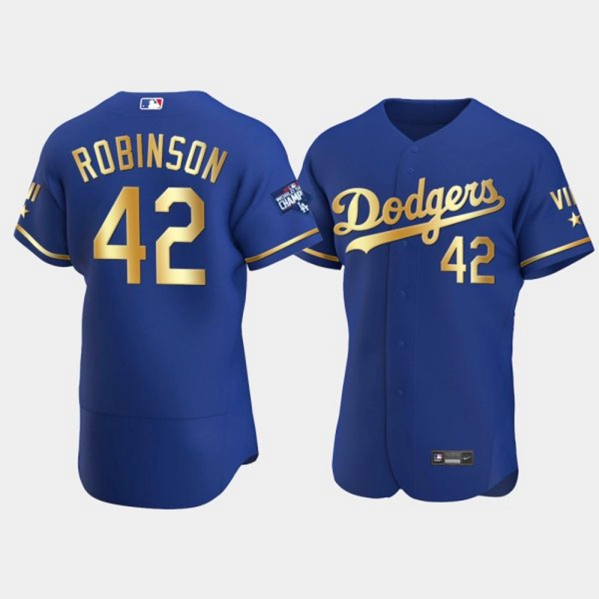 Men Los Angeles Dodgers Jackie Robinson Royal 2021 Gold Program World Series Champions Jersey – Need A Gift For Friend?
