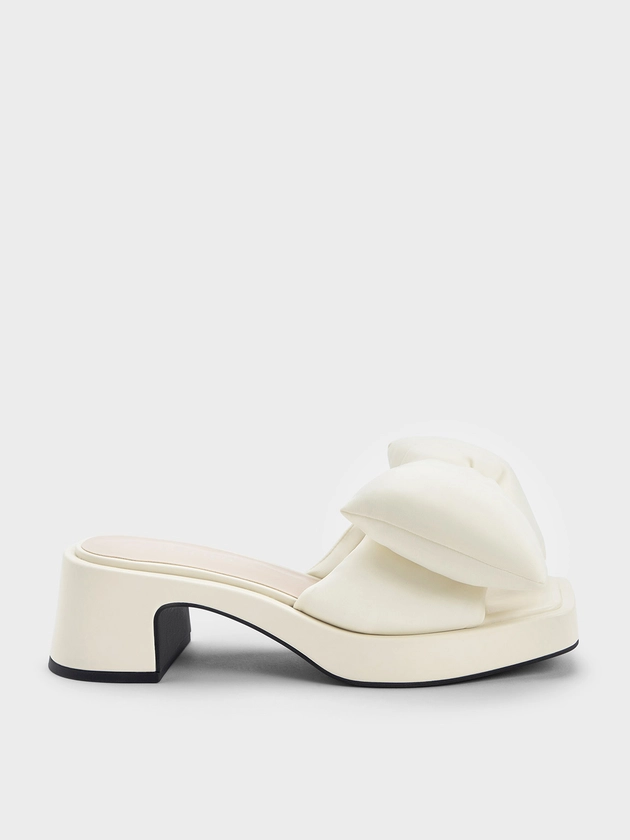 Cream Puffy Bow Heeled Mules | CHARLES & KEITH UK