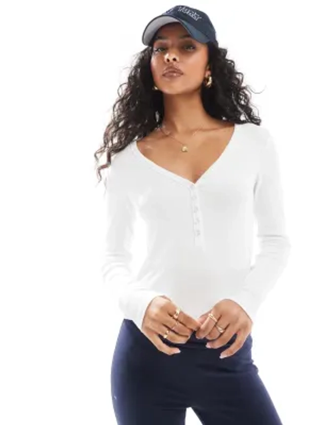 Cotton:On Kelsey v front henley long sleeve in white | ASOS