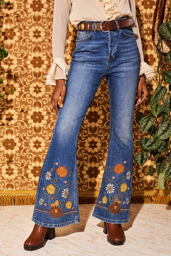 Little Girl Blue Floral Embroidered Denim Flared Jeans