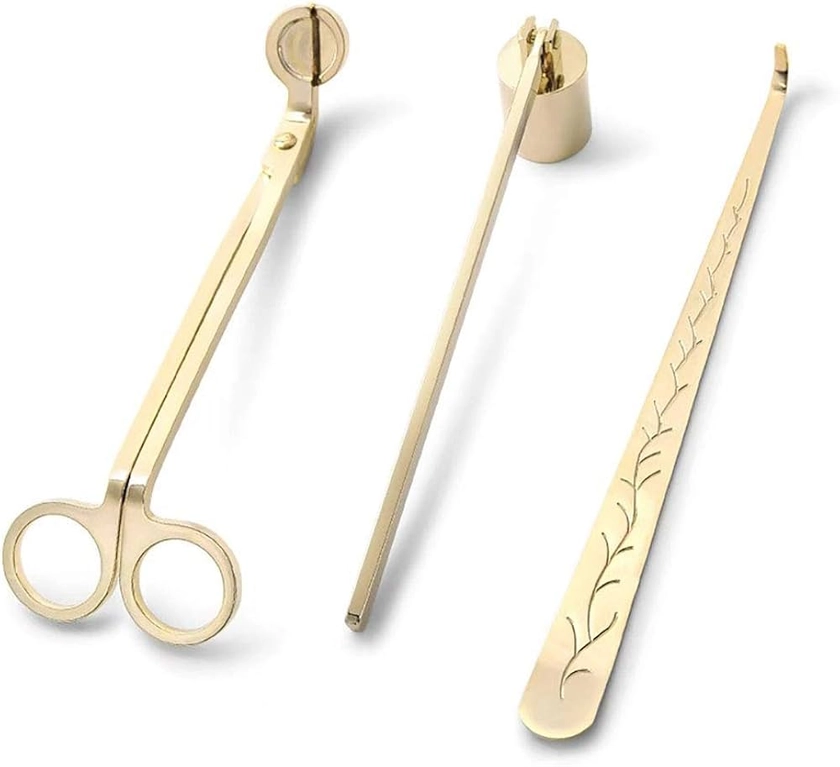 JinSu 3PCs Bougie Éteignoir Kit d'outils en Acier Inoxydable Con Éteignoir a Bougie, Tondeuse de Meche et Dipper de Mèche (Or)