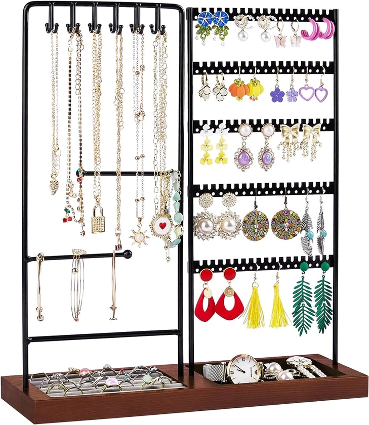 Vtopmart Jewelry Holder Organizer Stand Tree for Earring Necklace Ring Bracelets Display and Storage, with 90 Holes, 12 Hooks, Ring Tray, Black+ Walnut