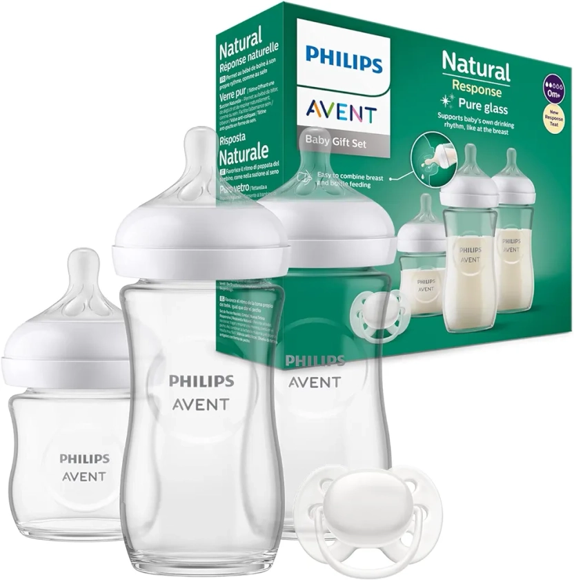 Philips Avent Kit biberons en verre pour nouveau-né – 3 biberons à Réponse Naturelle, sucette ultra-douce 0 à 6 mois, sans BPA (modèle SCD878/11)