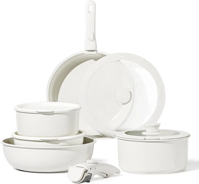 CAROTE Pots and Pans Set, Nonstick Cookware Sets Detachable Handle,Induction Kitchen Set Non Stick with Removable Handle, RV Set, Oven Safe, Cream White