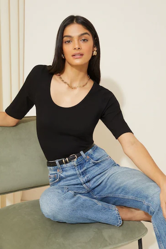 Friends Like These Black Short Sleeve Jersey Ribbed Scoop Neck Bodysuit