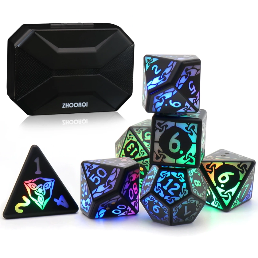 DND Dice Rechargeable with Charging Box, 7 PCS LED Electronic Dices for Tabletop Games D&D Dice 3-Color Glow