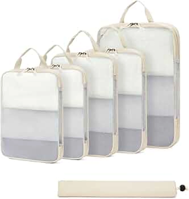 ECOHUB 6pcs Compression Packing Cubes Set for Backpack Suitcases, Expandable Travel Organiser with Shoes Bag, Ultra-resistant Packing Organiser for Carry On Luggage, Beige (Patent Pending)