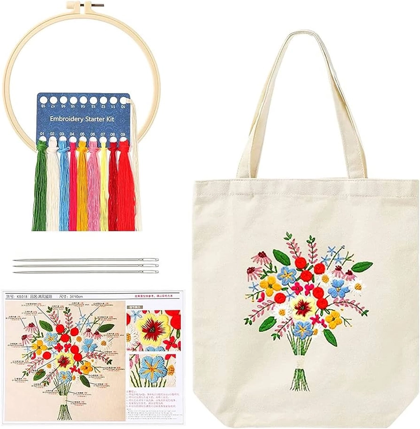 Canvas Tote Bag Embroidery Kit, Embroidery Starter Kit for Beginners, Canvas Tote Bag with Floral Pattern, Embroidery Hoop, Embroidery Threads and Sewing Pins, Cross Stitch Kits for Starter Beginners