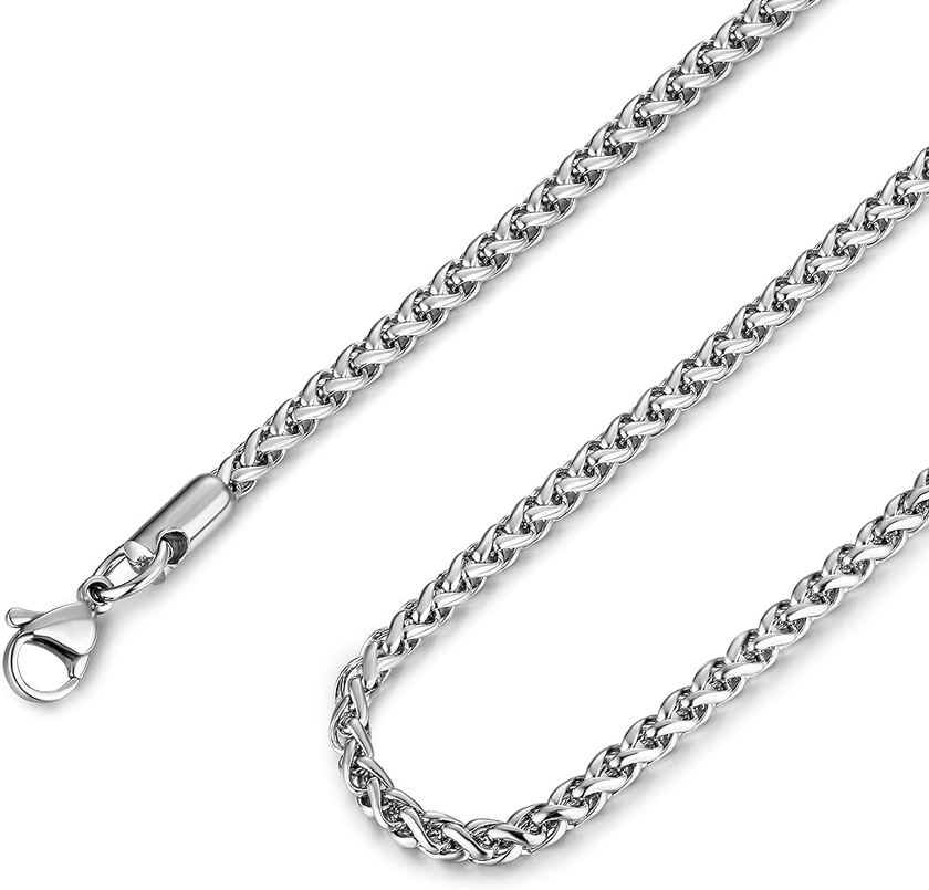 HZMAN 3.0 mm Stainless Steel Wheat Silver Chain Necklaces for Men & Women 16" -30"