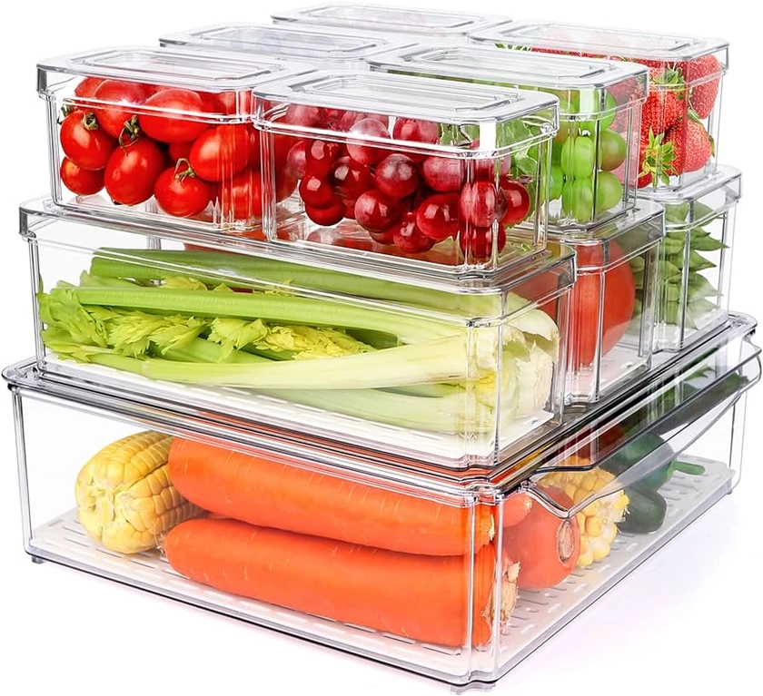 10 Pack Refrigerator Pantry Organizer Bins, Stackable Fridge Organizer Bins with Lids, Clear Plastic Food Storage Bins for Kitchen, Countertops, Cabinets, Fridge, Drinks, Fruits, Vegetable, Cereals