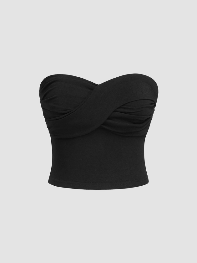 Twist Ruched Solid Tube Top