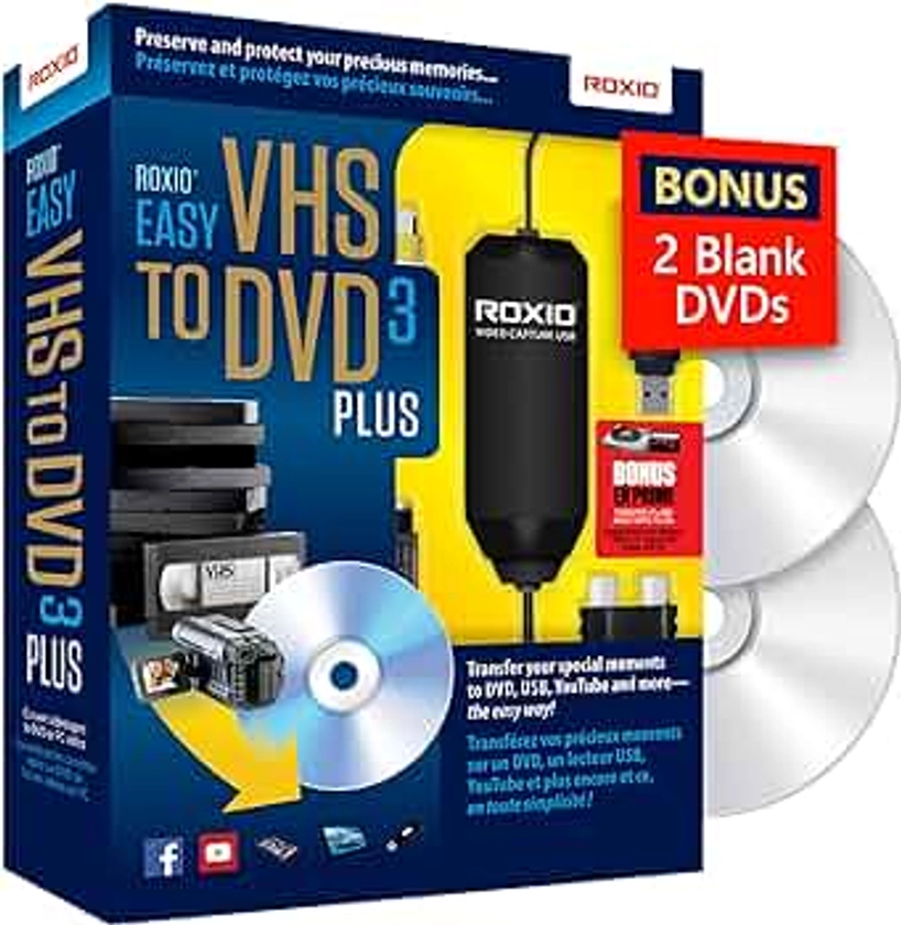 Roxio Easy VHS to DVD 3 Plus | VHS, Hi8, V8 Video to DVD or Digital Converter | Amazon Exclusive 2 Bonus DVDs [Windows]