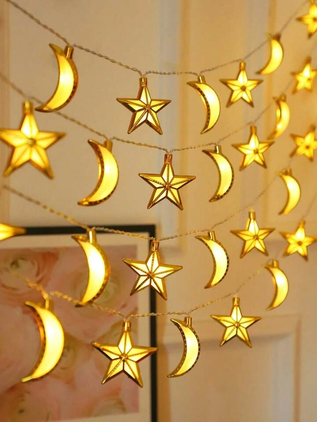 1 Pieza 10leds 1.5m Cadena De Luces Led Decorativa Con Forma De Luna Dorada Y Pentagrama Para Fiesta De Festivales, En Stock