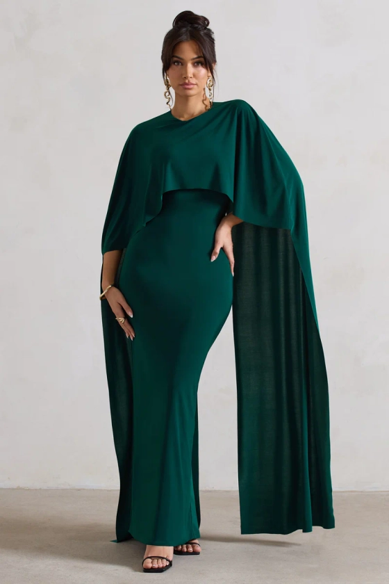 Padma | Robe longue vert bouteille drapée à encolure bardot et manches cape