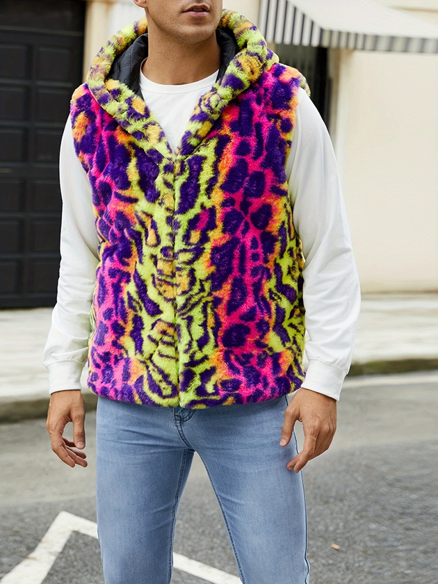 Men Vest Jacket Casual Spring Leopard Print Faux Fur Hoodie - Temu