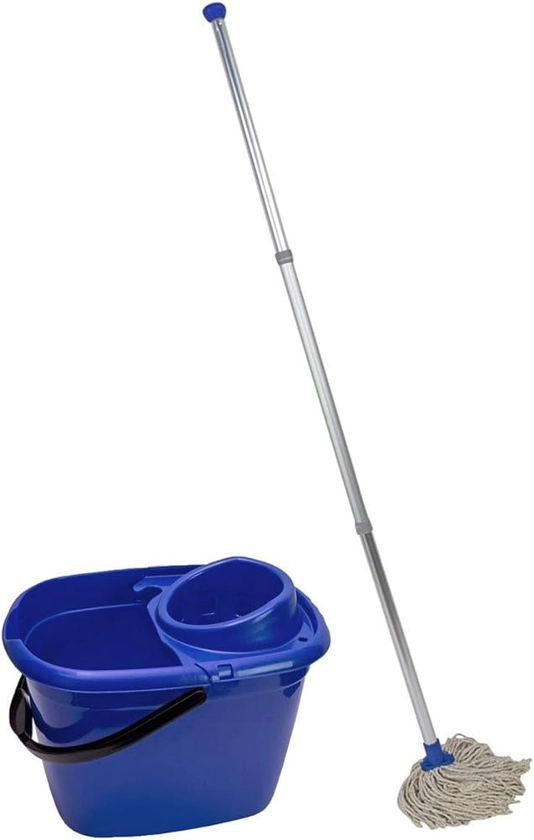 Abbey Professional Mop and Bucket Set Heavy Duty with Wringer and Two Traditional Cotton Mop Heads for Cleaning Floors – Strong Aluminum Mop Handles – Mop Bucket Capacity 12L with Pouring Lip (Blue) : Amazon.co.uk: Grocery