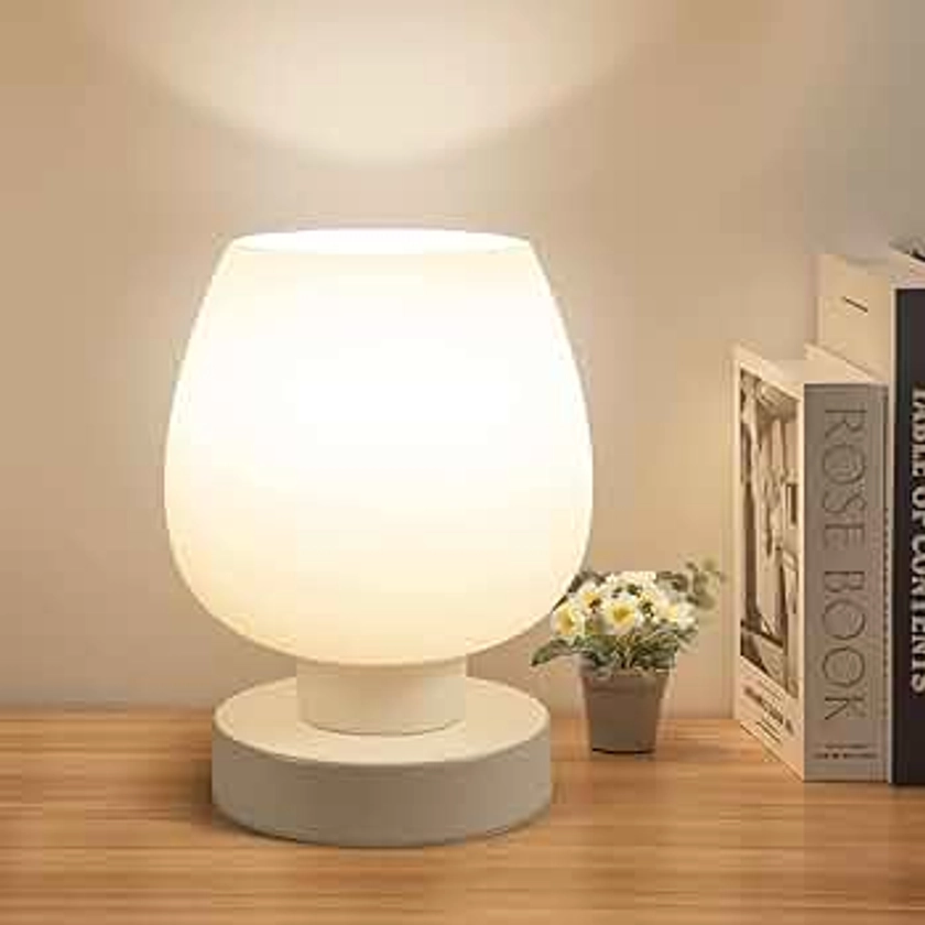 Touch Bedside Table Lamp - Modern Small Lamp for Bedroom Living Room Nightstand, Desk lamp with White Opal Glass Lamp Shade, Warm LED Bulb, 3 Way Dimmable, Simple Design Mother's Day Gifts