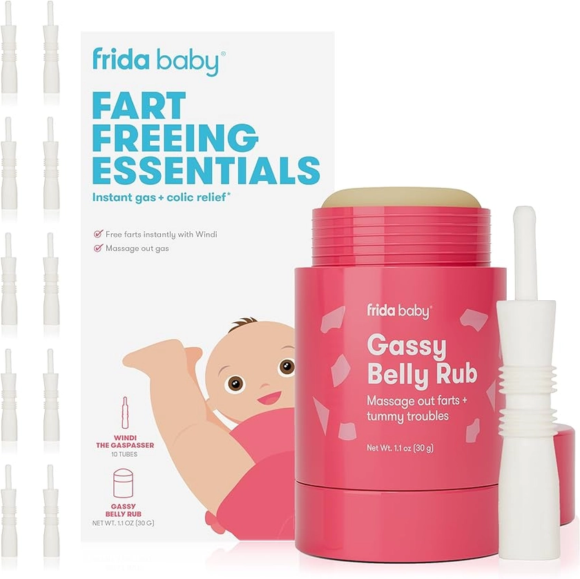 Amazon.com: Frida Baby Essenciais para liberação de peidos | Alívio instantâneo de gases e cólicas para bebês | Inclui passador de gás Windi e massagem abdominal gasosa para alívio seguro e natural para bebês e : Bebê