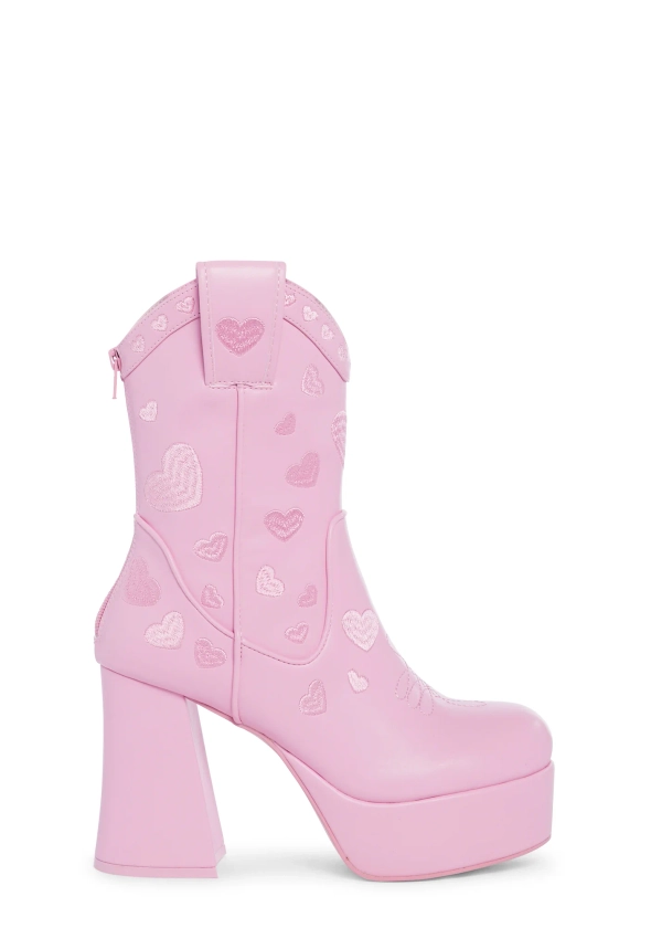 Sugar Thrillz Heart Embroidered Platform Cowboy Boots Valentines - Pink