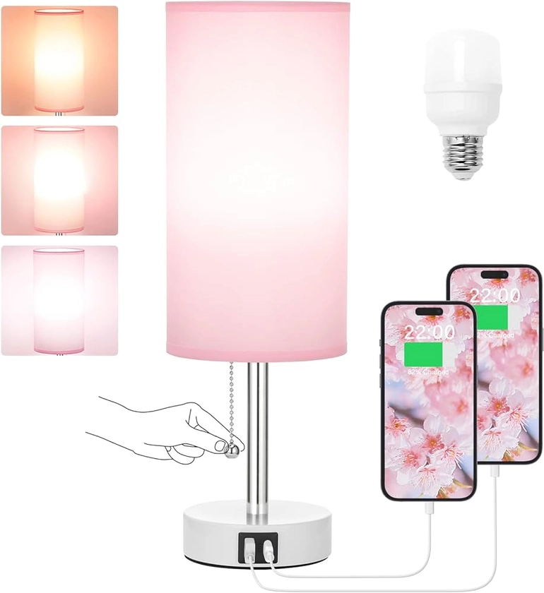 Hong-in Nightstand Lamp with Color Modes - Pink Bedroom Lamp with USB Charging Ports, 3000/4000/5000k Pull Chain Table Lamp for Bedroom, Office, Living Room