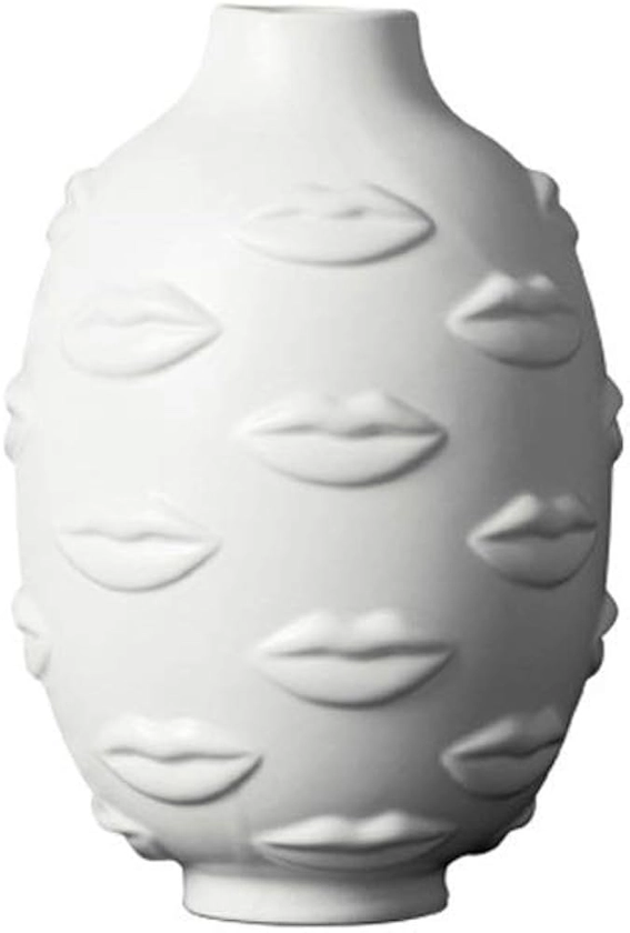 Rishx Creative Ceramic Vase Design Planter 3D Lips White Nordic Ceramic Flower Pot Plant Garden Table Vase Crafts for Gallery Museum Classroom (Color : White)