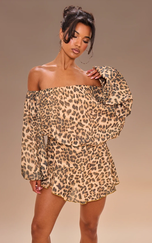 Leopard Chiffon One Shoulder Floaty Skort Playsuit