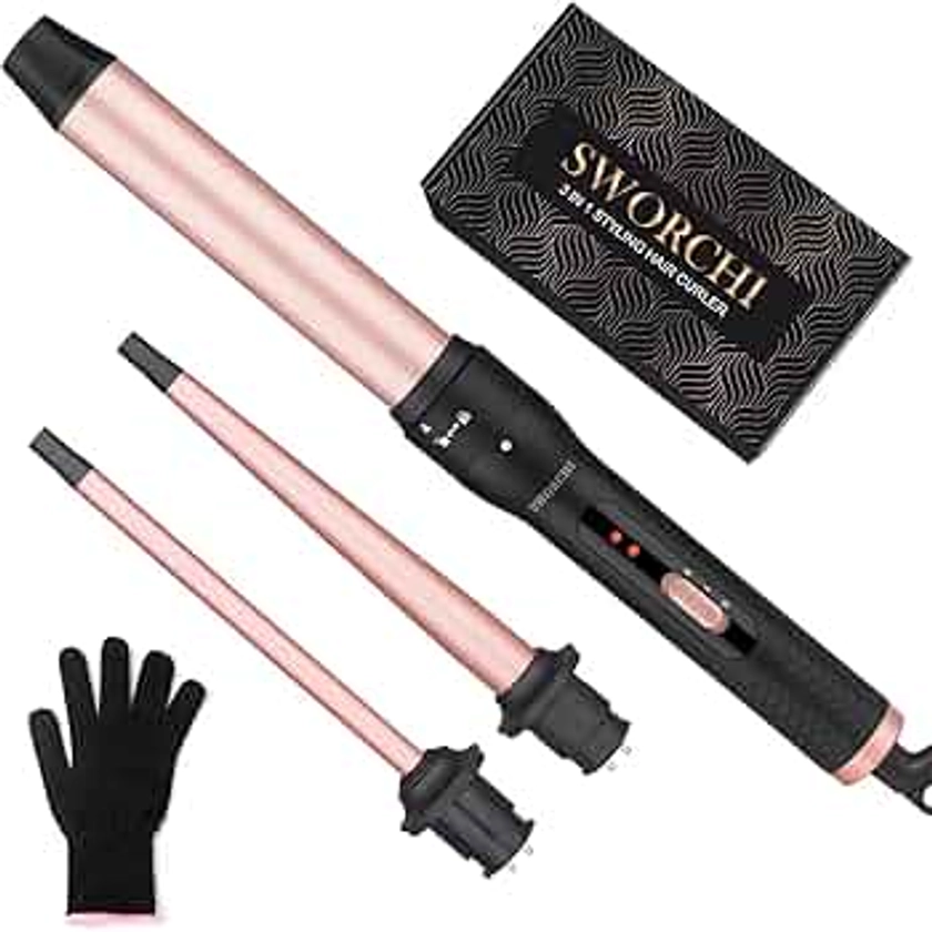 Boucleur a Cheveux 3 en 1 Fer à Boucler Interchangeable Céramique Fer a Friser avec Température Réglable Hair Curler pour Cheveux Longs Courts Fins et Epais avec Gant