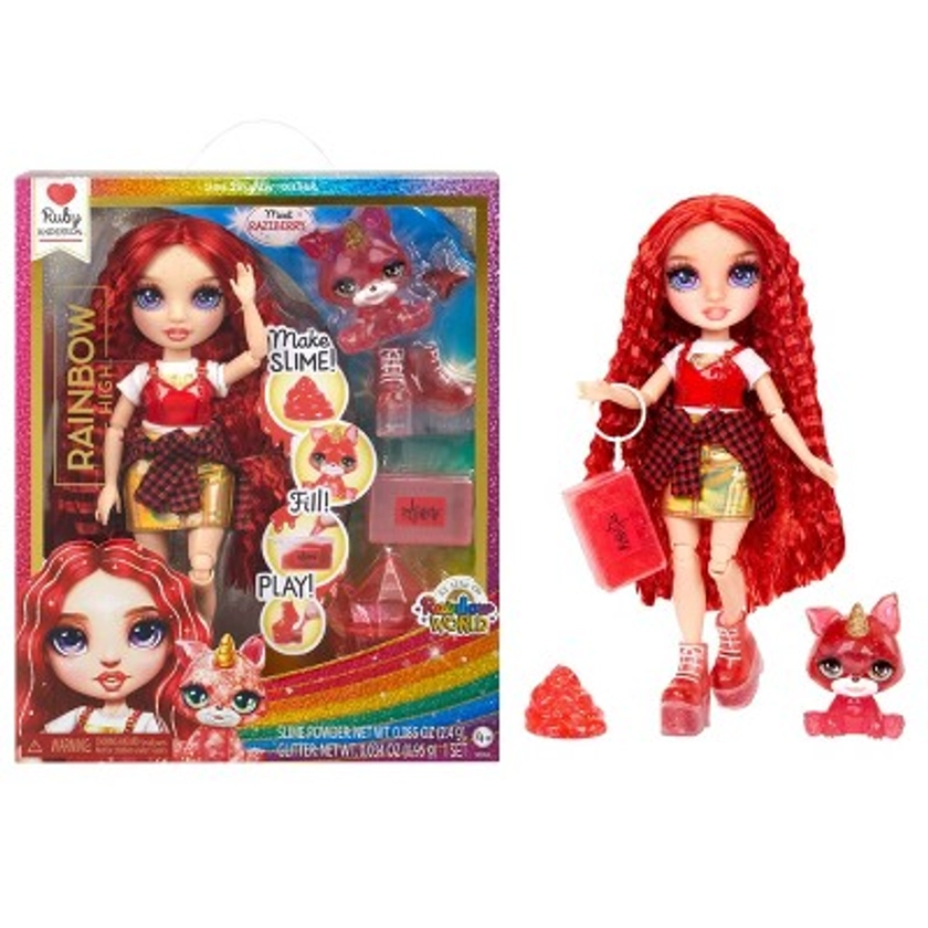 Rainbow High Ruby Red with Slime Kit & Pet 11'' Shimmer Doll with DIY Sparkle Slime, Magical Yeti Pet and Fashion Accessories