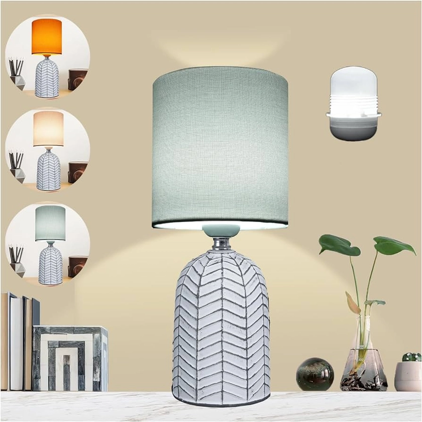 AIDENOEY Small Table Lamp for Bedroom -Bedside Desk Reading Lamps with 3 Way DimmableTouch Control,Nightstand Ceramic Lamp with Fabric Shade for Kids Room,Living Room,Dorm,Home Office(Grey+White)
