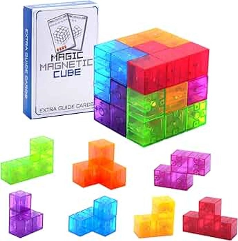 WorWoder Kids Magnetic Building Blocks Magic Magnetic 3D Puzzle Cubes, Set of 7 Multi Shapes Magnetic Blocks with 54 Guide Cards, Intelligence Developing and Stress Relief Fidget Toys for Kids Adults