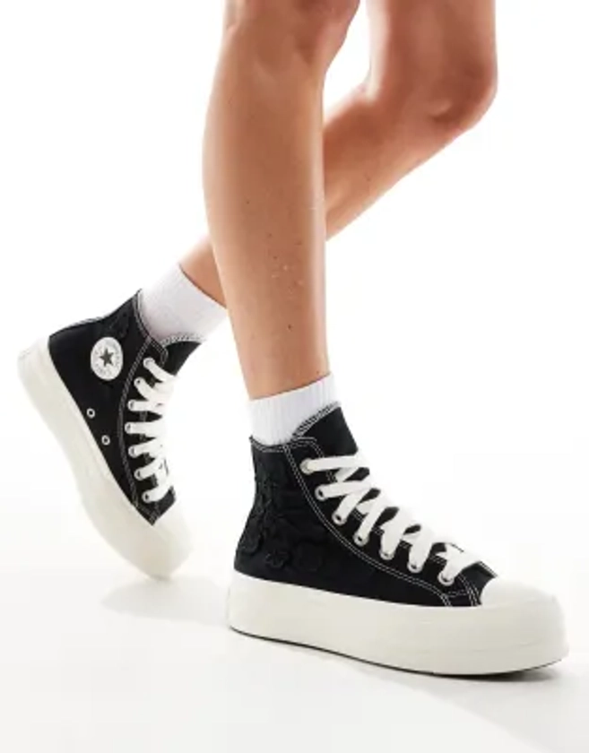 Converse – Lift Hi – Sneaker in Schwarz mit dicken Schnürsenkeln und Organza-Blumenverzierung | ASOS