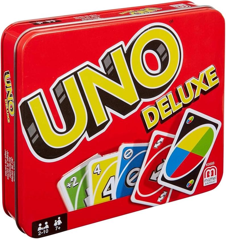 Mattel Games UNO Deluxe, Jeux De Cartes Familial pour Enfants Et Adultes, Jeu De Société pour Soirée Jeux en Famille Ou en Voyage, 2 À 10 Joueurs, Jouet pour Enfant de 7 Ans et Plus, K0888