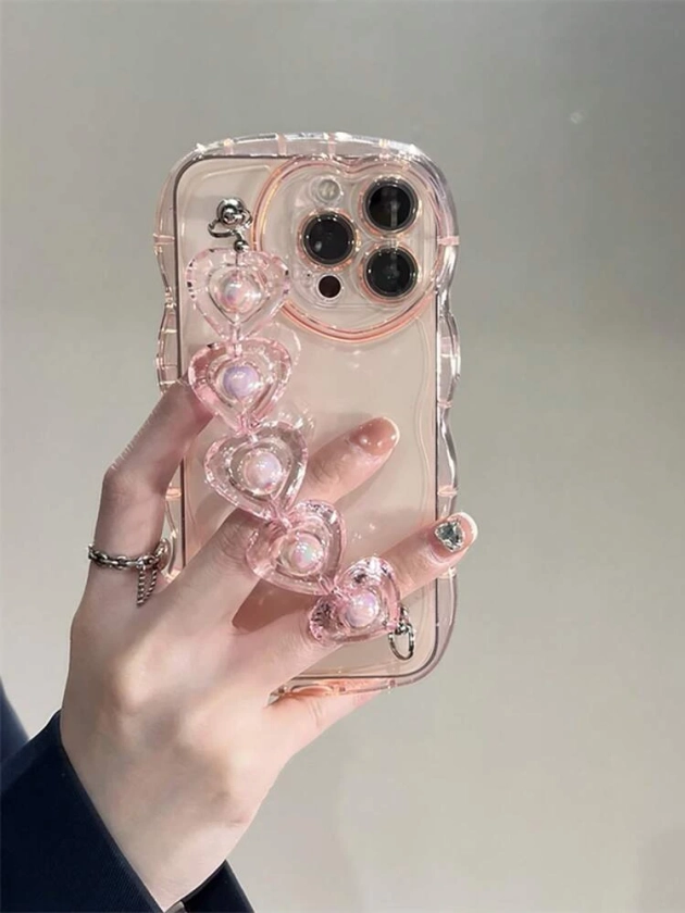 With Phone Charm Pink Clear Wavy Frame Phone Case With Heart Decor Hand Strap | SHEIN UK