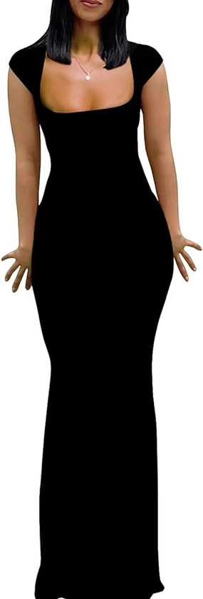 Womens Summer Cap Sleeve Square Neck Elegant Casual Lounge Bodycon Slim Maxi Evening Party Long Dress