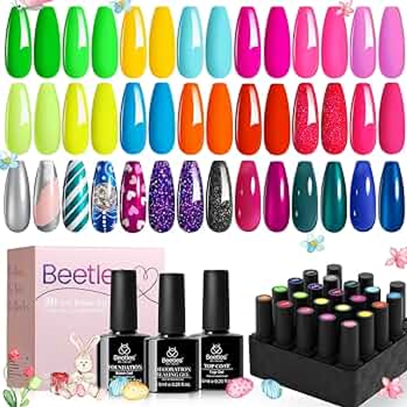 Beetles 20 Colors Gel Art Kit with 3Pcs Base Gel Glossy Top Coat and Nail Glue 4Pcs Spring Summer Neon Pastel Mirror Effect Metal Jelly Easter Gel Nail Polish for Diy Manicure Gift for Girls Women