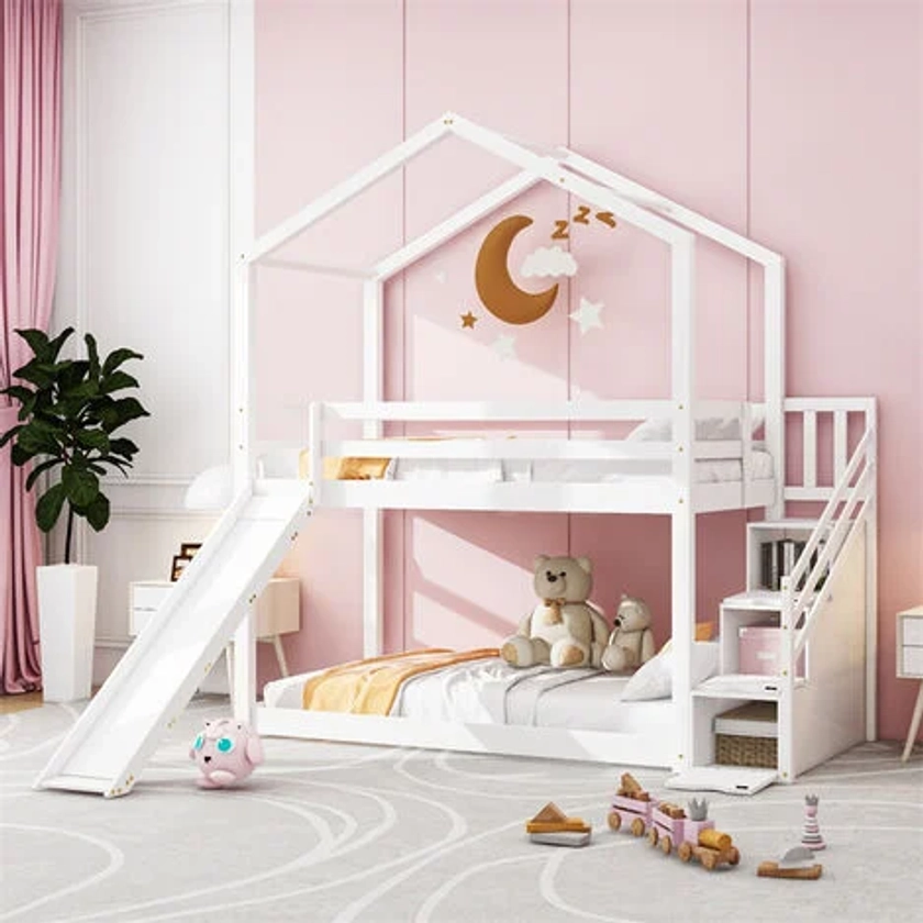 Lit superposé avec toboggan et échelle de rangement, Lit cabane pour enfant en bois massif avec sommier à lattes 90 x 200 cm blanc