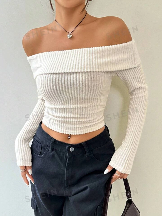 SHEIN EZwear Camiseta cropped feminina com ombros abertos e mangas longas