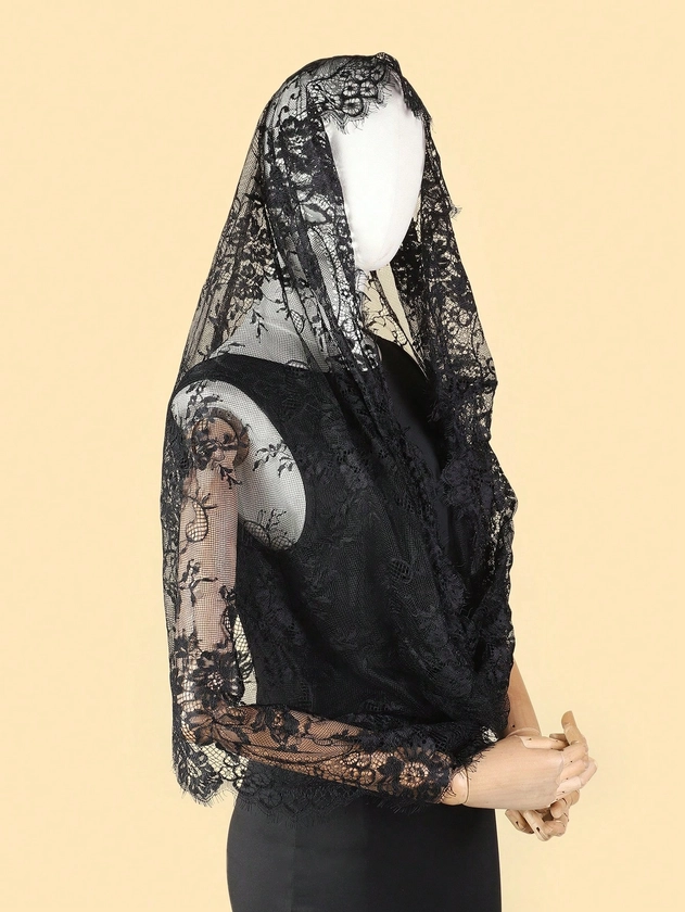 Boho 1pc Black Solid Color Location Network Lace Round Head Scarf, Breathable And Thin, Can Be Worn As Shawl