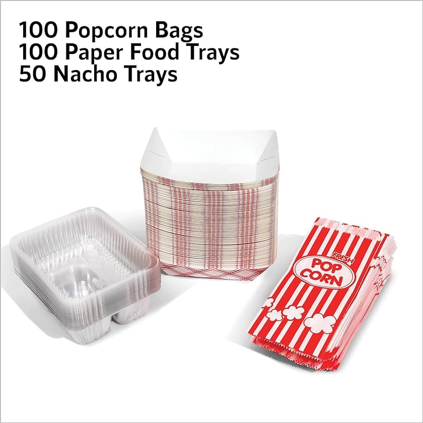 Concession Stand Supplies - Movie Party Decorations, 250 Piece Bulk Set - 100 Popcorn Bags & 100 Paper Food Trays & 50 Nacho Trays, Great Set for Circus Party, Carnivals, Movie Night