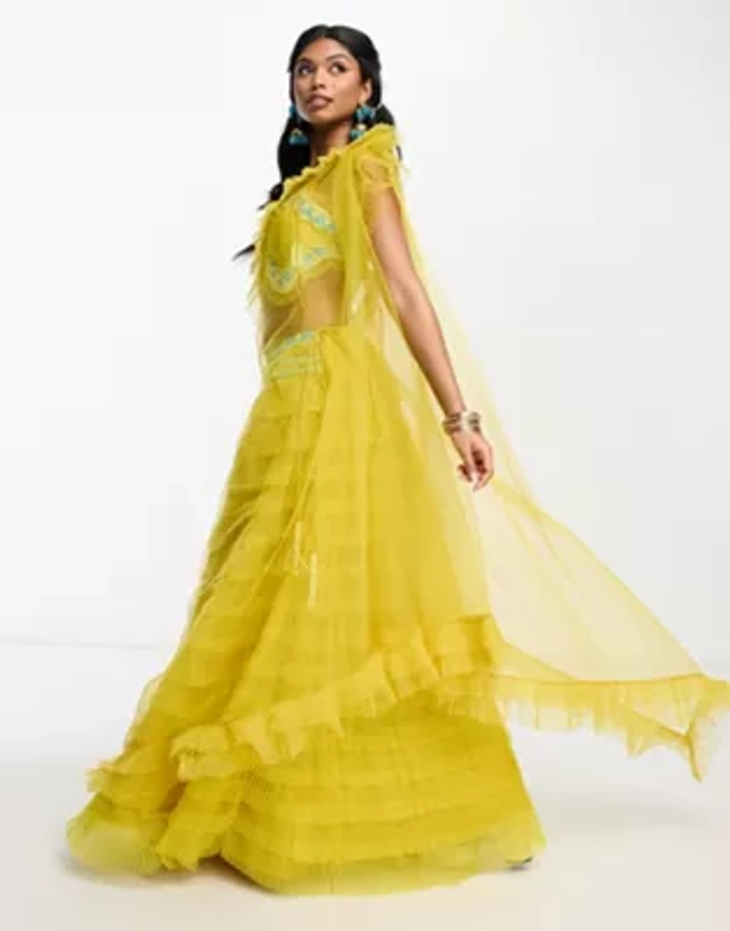 A Star Is Born tiered tulle lehenga skirt and dupatta in mustard yellow co-ord | ASOS