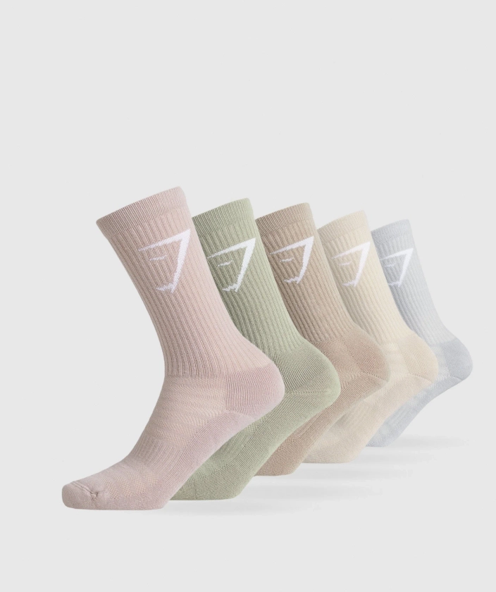 Gymshark Crew Socks 5pk - Pink/Grey/Green/Grey/Brown