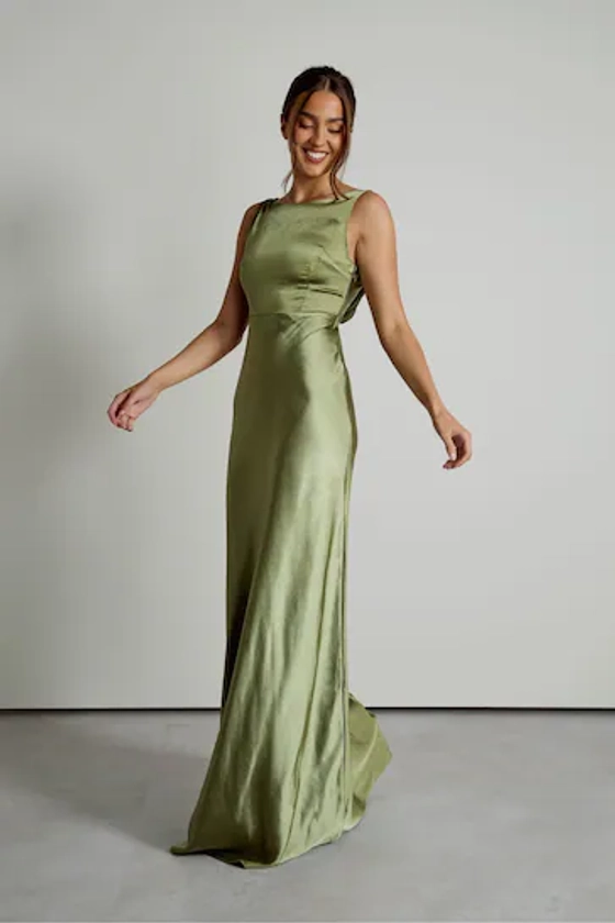 Six Stories Moss Green Cowl Back Satin Bridesmaid Dress