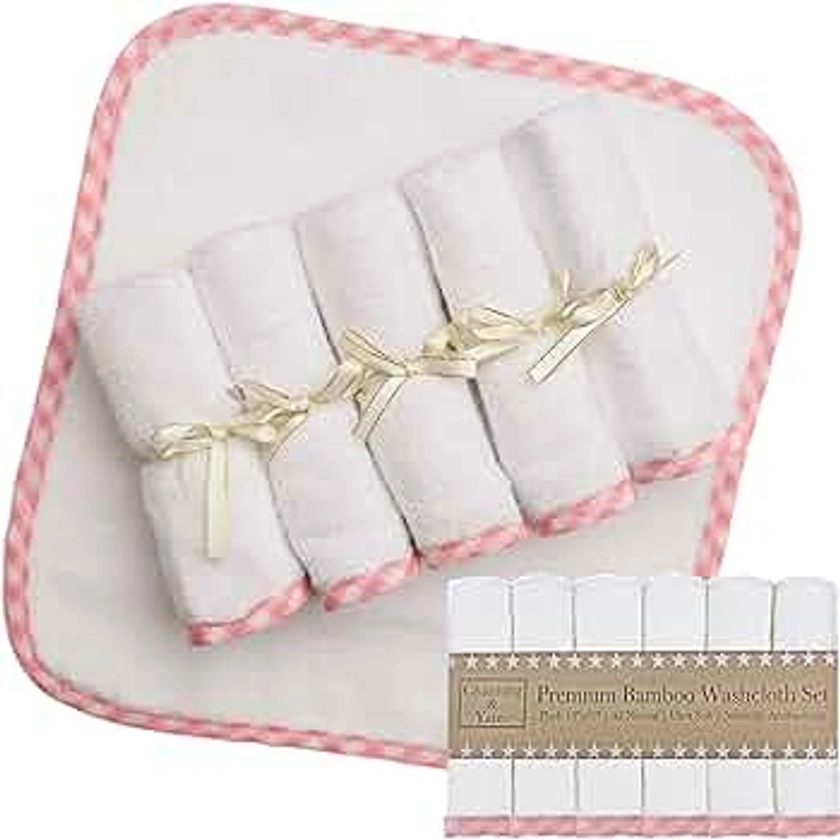 Channing & Yates - Premium Boutique Baby Washcloths - (6-Pack) Organic Viscose Made from Bamboo Wash Cloths 2X Thick & Soft - 10 x 10 in - Helps Eczema - Adult Face Washcloths - (Pink on White)