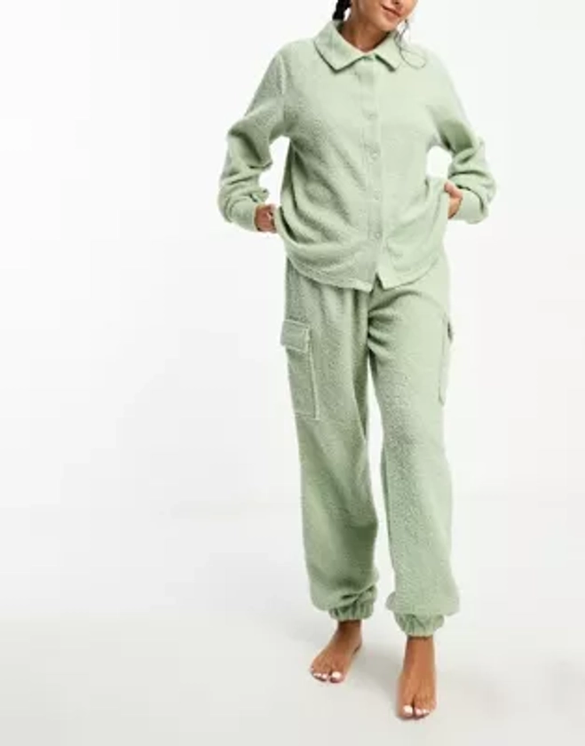 ASOS DESIGN lounge borg shirt & cargo sweatpants set in sage | ASOS