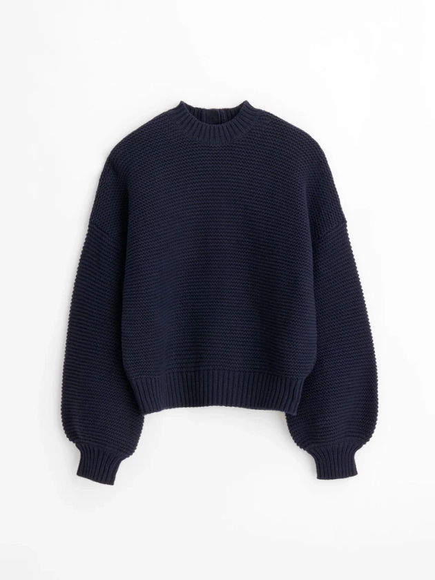 Button-Back Crewneck Sweater