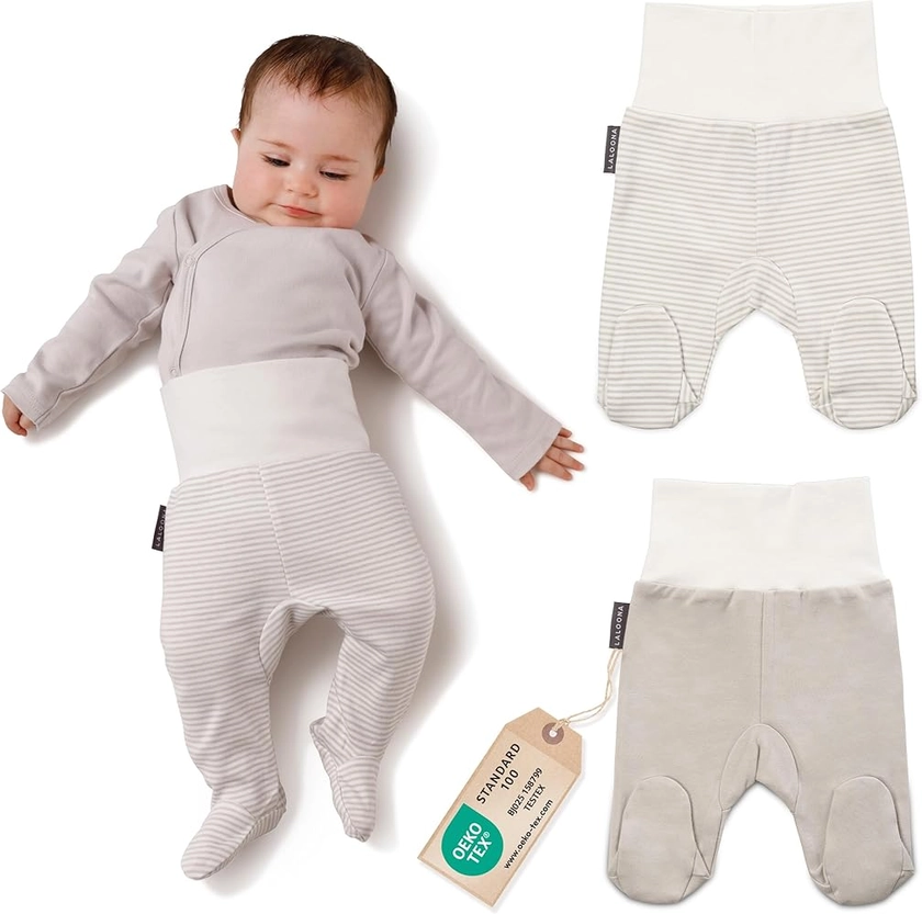 LaLoona Pantalon Bebe avec Pieds - Lot de 2 x Legging Chaud pour Bébé, Taille Élastique, Haute Teneur en Coton, OekoTex® Standard 100 - Blanc Beige Rayé