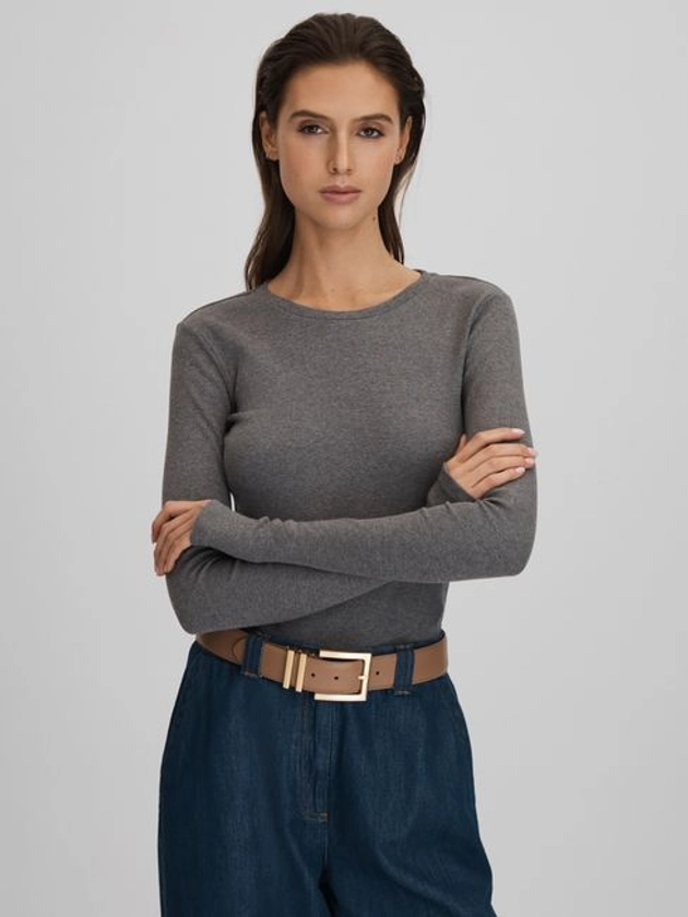 Cotton Blend Crew Neck Top in Charcoal Marl - REISS