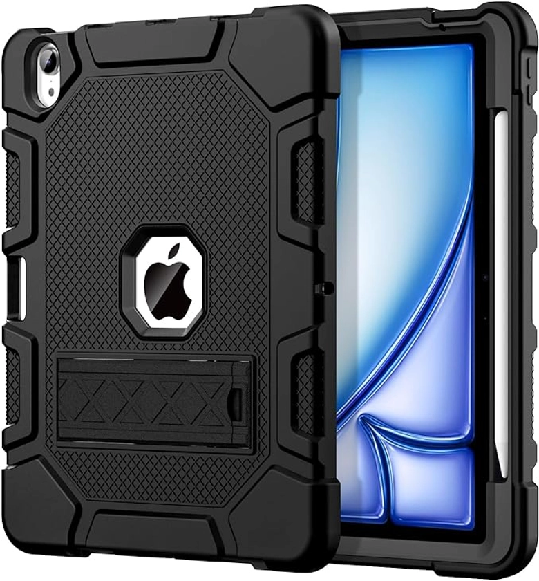 Azzsy Case for iPad Air 11 Inch M2 2024 Release, iPad Air 5th / 4th Generation 10.9 Inch Case (2022/2020), Heavy Duty Shockproof Protective Case with Pencil Holder for iPad Air 6th/5th/4th,Black