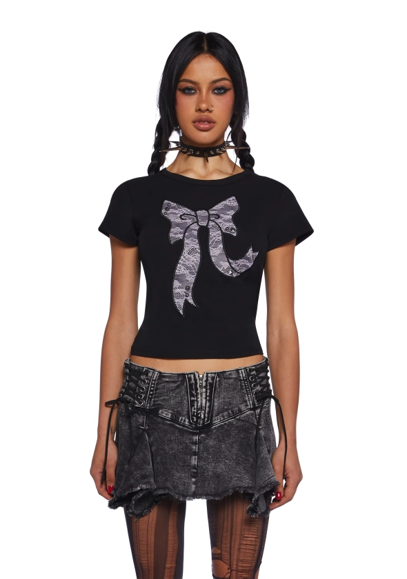 Current Mood Punquetee Punk Rock Stretchy Knit Textured Lace Bow Short Sleeve Graphic Print Tee - Black