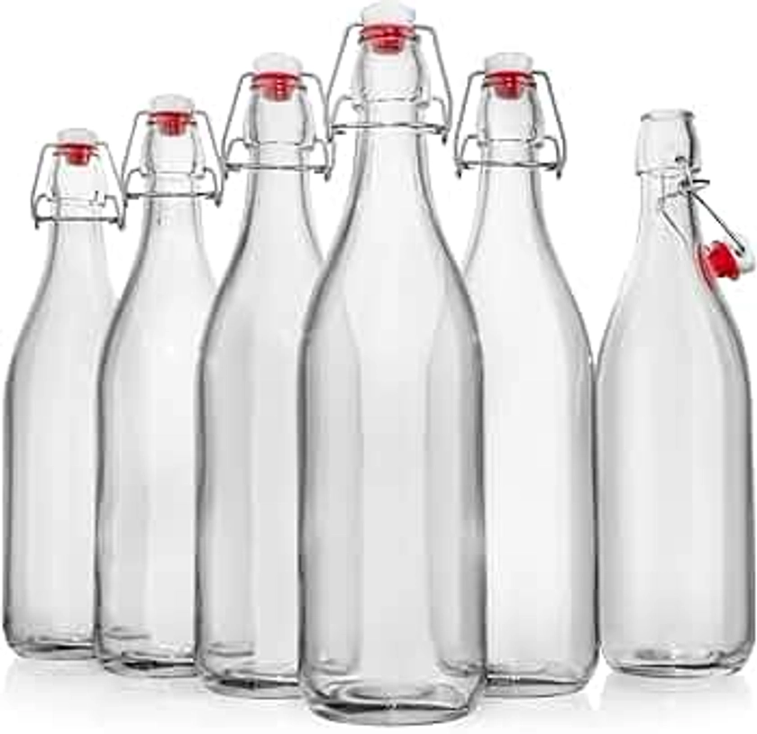 WILLDAN Giara Glass Bottle with Stopper Caps, Set of 6-33.75 Oz Swing Top Glass Bottles for Beverages, Oils, Kombucha, Kefir, Vinegar, Leak Proof Lids